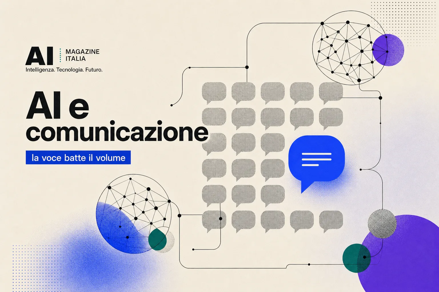 AI e comunicazione: tanti messaggi generici uguali e una voce autentica che spicca, stile editoriale su sfondo cream