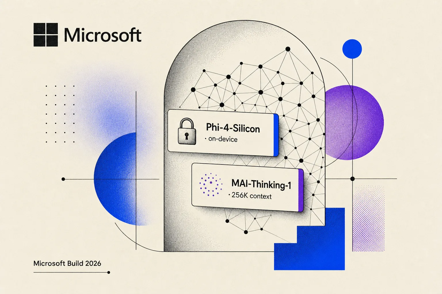 Microsoft Build 2026: Windows come piattaforma per agenti AI con MAI-Thinking-1 e Phi-4-Silicon, stile editoriale paper su sfondo cream