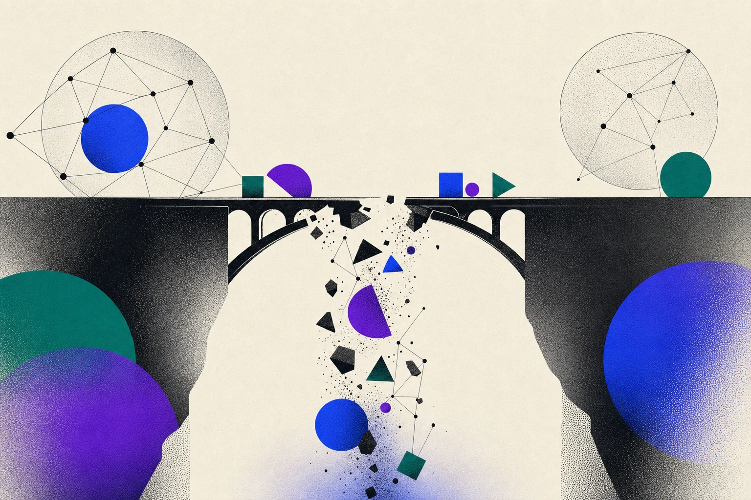 Un ponte editoriale interrotto a metà tra un'idea e la produzione, con pochi elementi che riescono ad attraversare, fallimento dei progetti AI, illustrazione paper su sfondo cream