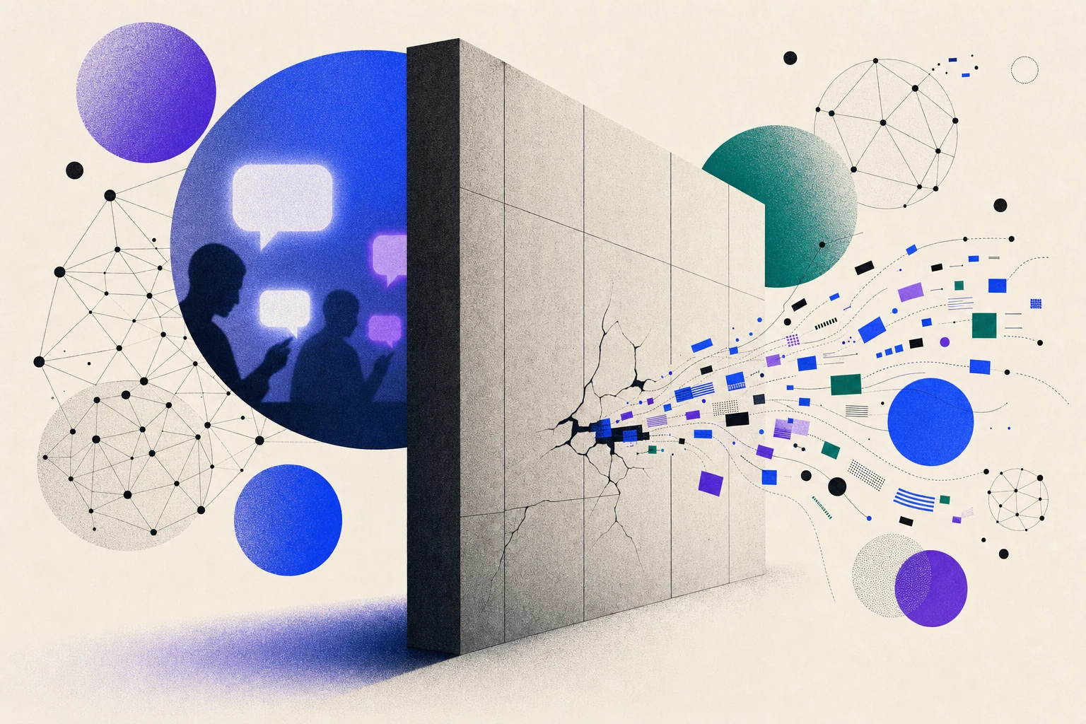 Ombre di persone che usano assistenti AI dietro una parete aziendale ignara, dati che escono senza controllo, illustrazione editoriale paper su sfondo cream