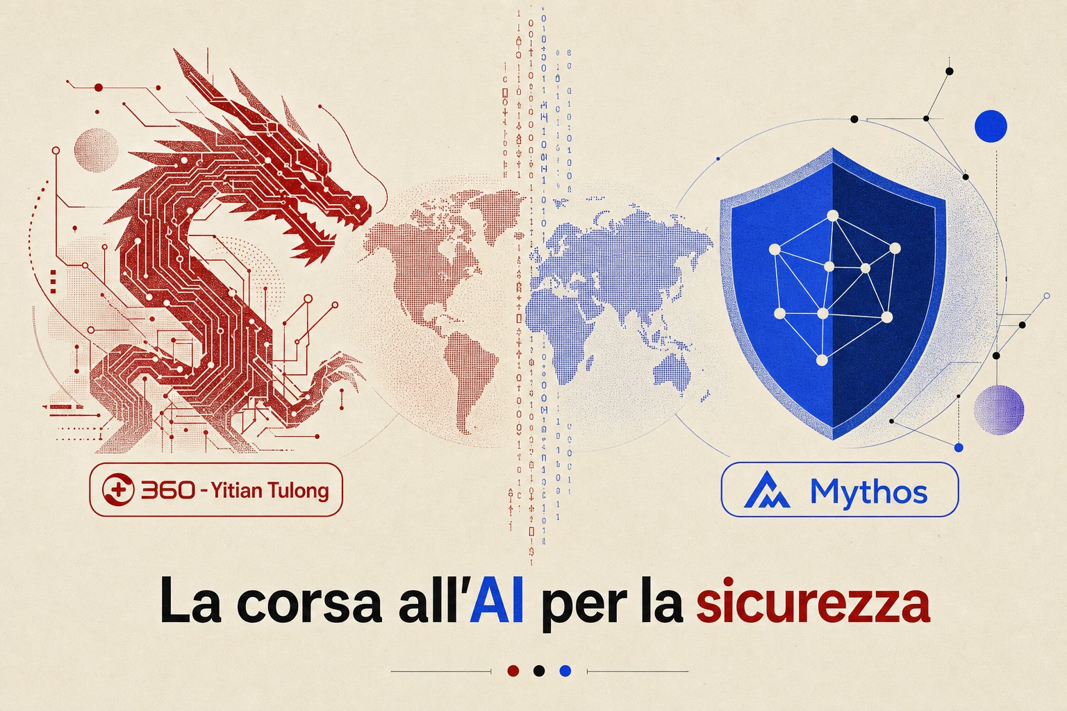 Yitian Tulong di 360 Security contro Claude Mythos di Anthropic, AI per la cyber-sicurezza tra Cina e USA, illustrazione editoriale paper su sfondo cream